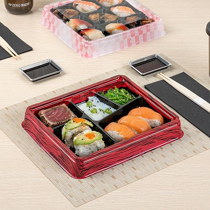 Restaurantware-Bento Tek 18.3 Ounce Meal Prep Containers, 50 Disposable To Go Food Boxes - Lids Sold Separately, 5 Compartments, Red And Black Plastic Bento Lunch Boxes, Freezable, For Take Out - Image 8