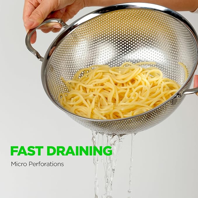 Premium 18/8 304 Stainless Steel Set of 3 – Micro-Perforated Strainers with Handles, Self-Draining Base for Pasta Vegetables Fruit, Heavy Duty (4, 6, 8 Qt) Made in Korea - Image 6