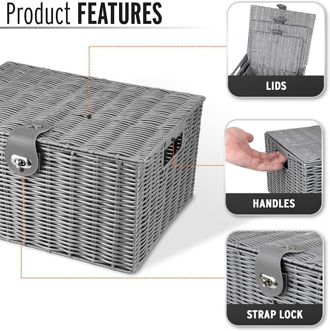 ARPAN Set of 3 Resin Woven Utility Storage Basket Box With Lid & Lock (Grey) - Image 3