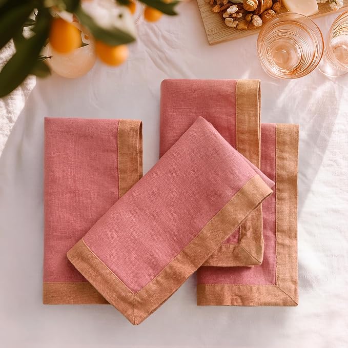 Linen World 100% French Linen Napkins Set of 4,20 x 20 Inch Double Layer Cloth Napkins,Washable Heavyweight for Holiday Dining Kitchen Decor,Clay Red with Hazelnut Contrast Border by LLinenWorld