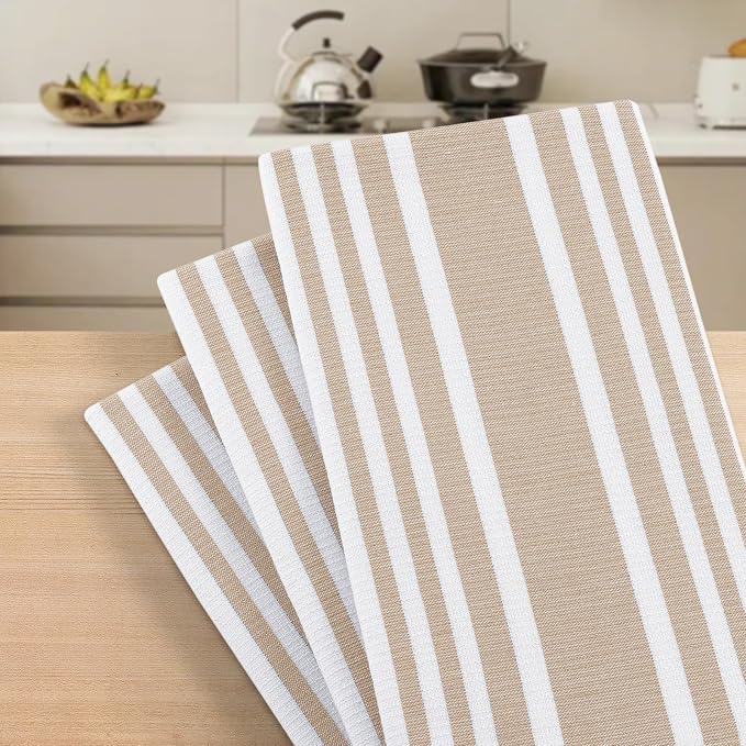Homaxy Premium Cotton Stripe Kitchen Towels 8 Pack, 18"x 28", Khaki | Large 380 GSM Kitchen Hand Towels, Soft Terry Dish Towels, Highly Absorbent Tea Towel Set with Hanging Loop - Image 7
