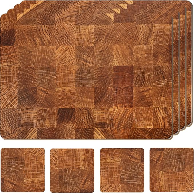 Set of 4 Heat Resistant Cork Placemats for Dining Table with Free Set of 4 Matching Drink Coasters Marble Design 16 x 12 Inches Cork Backed Hard Placemats (Honey Oak) by Moderry