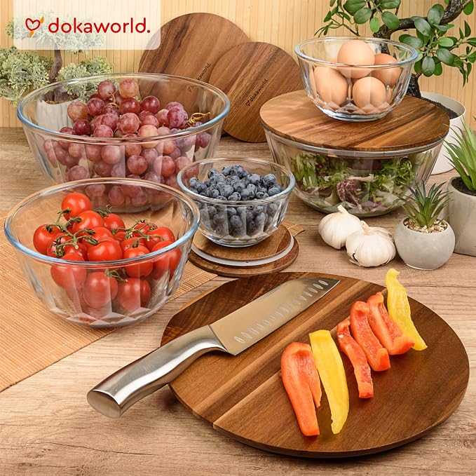 Large Stackable Set of 5 Nesting Glass Bowls with Acacia Lids for Foodprep, Storage, Baking, Sourdough Mixing & Cooking. Microwave & Oven Safe Heat Resistant Inert Borosilicate Glass - Image 2