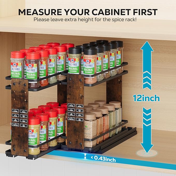 Nieifi Pull Out Spice Rack Organizer, 2 Tiers, Wood Grain | Spice Organization for Cabinet, Height Adjustable, Easy to Install - Image 3