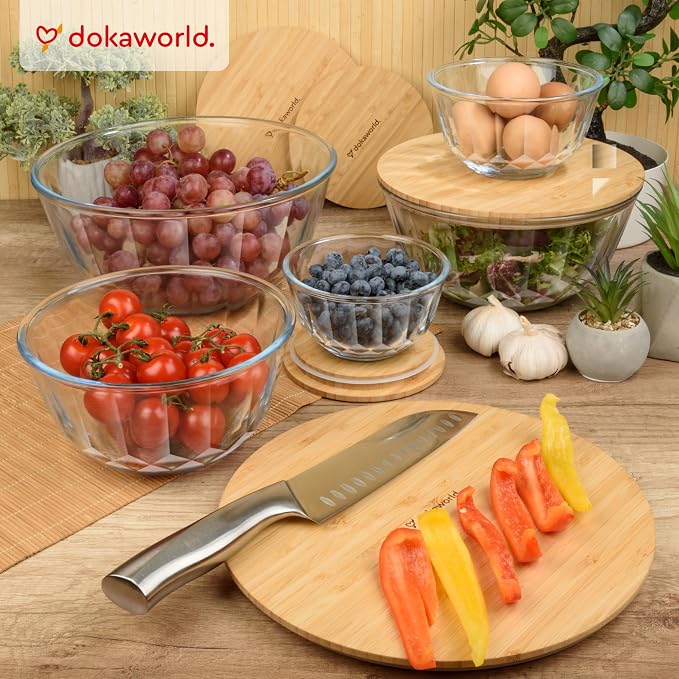 Large Stackable Set of 5 Nesting Glass Bowls with Bamboo Lids for Foodprep, Storage, Baking, Sourdough Mixing & Cooking. Microwave & Oven Safe Heat Resistant Inert Borosilicate Glass - Image 2