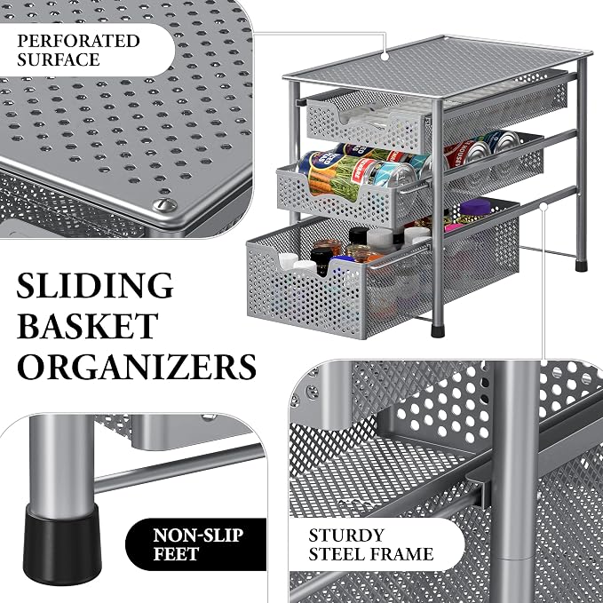 Simple Houseware Stackable 3 Tier Sliding Basket Organizer Drawer, Silver - Image 4