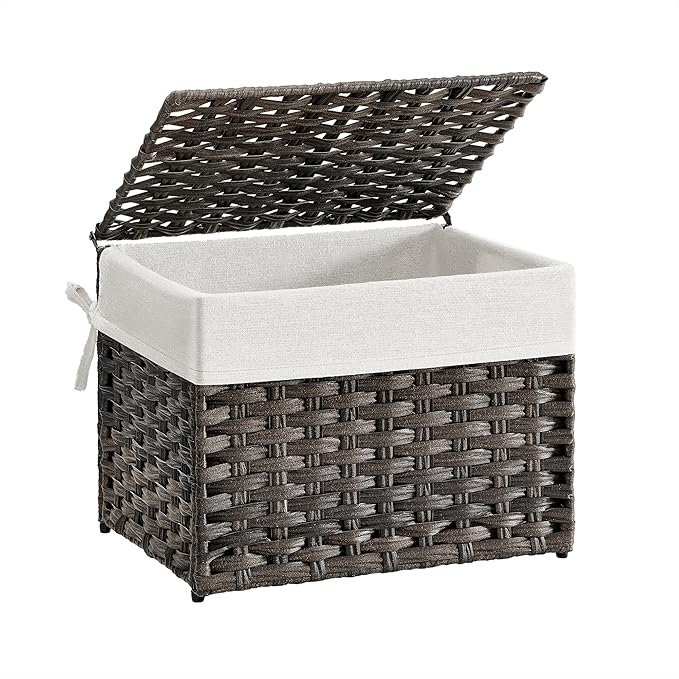 SONGMICS Storage Basket with Lid, Woven Blanket Storage Bin with Handles, Foldable, Removable Liner, Metal Frame, for Bedroom, Laundry Room, 9.2 Gallons (35 L), Brown URST040K01 by Unknown