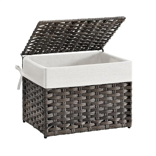 SONGMICS Storage Basket with Lid, Woven Blanket Storage Bin with Handles, Foldable, Removable Liner, Metal Frame, for Bedroom, Laundry Room, 9.2 Gallons (35 L), Brown URST040K01 by Unknown