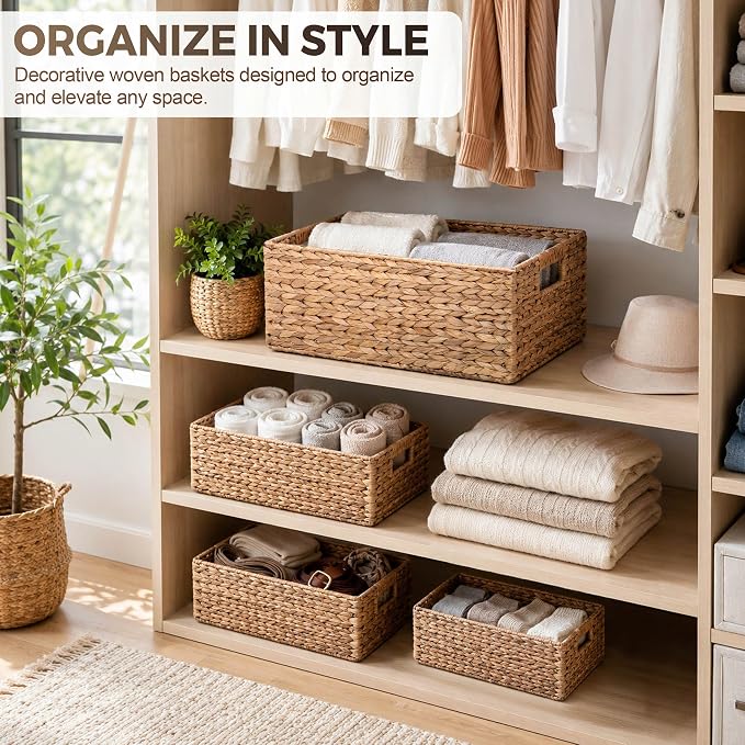 M4DECOR Set of 4 Water Hyacinth Storage Baskets for Shelves – Handwoven Wicker Baskets for Organizing, 4 Sizes (S/M/L/Jumbo) - Image 7