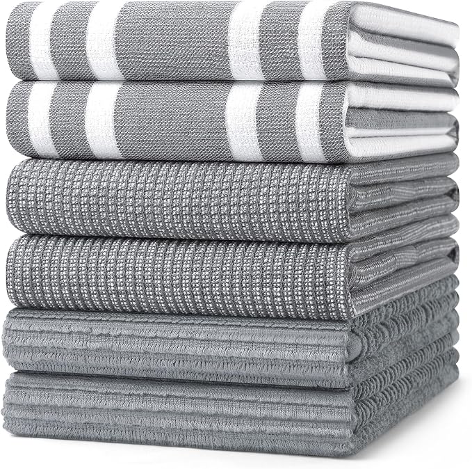 Homaxy Cotton 380 GSM Premium Kitchen Towels, 18"x 28", 6 Pack, Grey | Soft and Absorbent Terry Dish Towels, Multipurpose Tea Towel Set with Hanging Loop, 3 Styles Kitchen Hand Towels by Homaxy