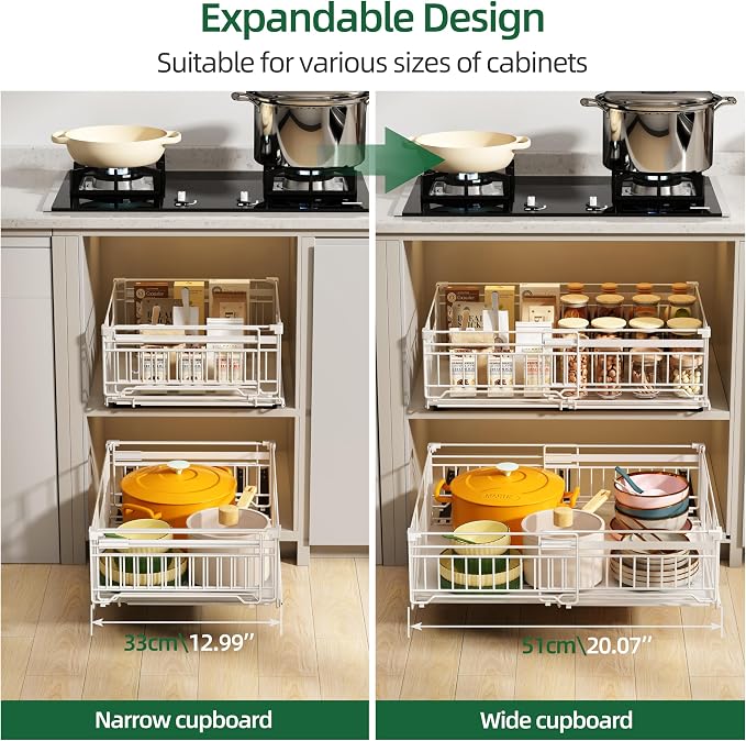 2 Pack Expandable Pull Out Cabinet Organizer, 16.5" Deep White | Pull Out Drawers for Cabinets with width from 13" to 20", Cabinet Drawers Slide Out with Upgrade 3 Slide Rails, Hold 65 lbs - Image 5
