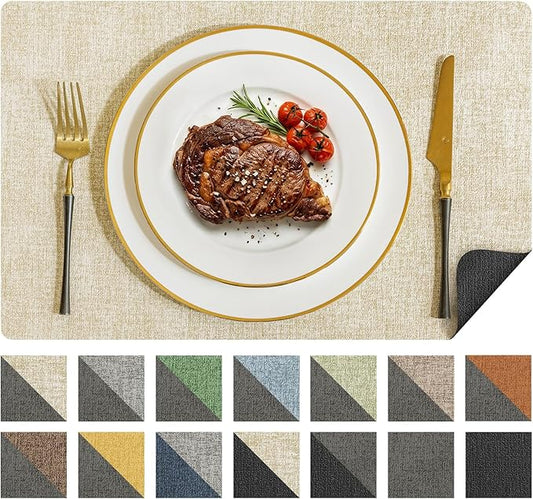 Romanstile Vinyl Placemats Set of 8, Reversible Faux Leather Heat Resistant Wipeable Table Mats, Waterproof Washable Non-Slip Table Placemats for Dining/Kitchen/Party/Outdoor (Grey Beige, 12" x 17") by Romanstile