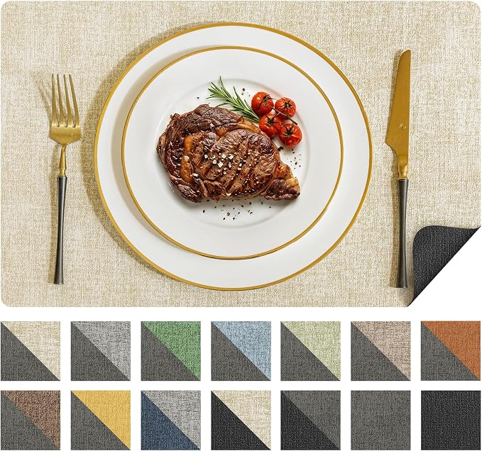 Romanstile Vinyl Placemats Set of 8, Reversible Faux Leather Heat Resistant Wipeable Table Mats, Waterproof Washable Non-Slip Table Placemats for Dining/Kitchen/Party/Outdoor (Black Beige, 12" x 17") by Romanstile