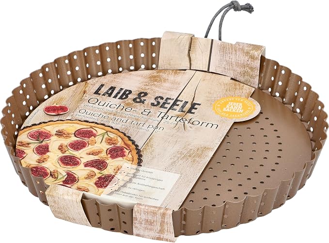 Birkmann, Loaf & Seele, Perforated Quiche, Tart and Pizza Tin, Diameter 25 cm, Baking Mould with Loose Base and Made of Bronze-Coloured Carbon Steel, with Non-Stick Coating and Recipes, 210554 by RBV+Birkmann