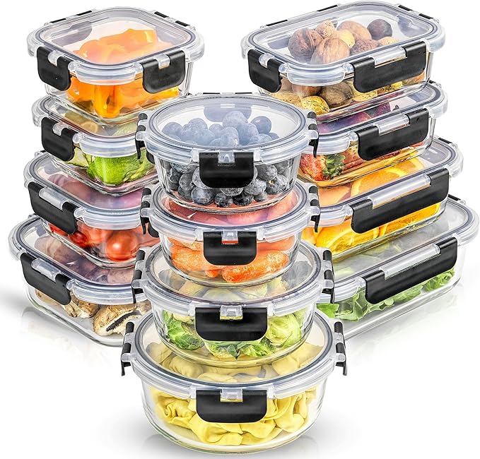 JoyJolt 24pc Borosilicate Glass Storage Containers with Lids | 12 Airtight/Freezer Safe Food Storage Containers for Pantry and Kitchen | Meal Prep Container for Lunch | Glass Tupperware Set by JoyJolt