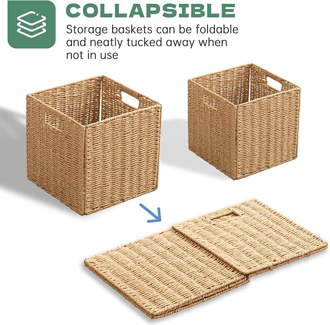 11x11x11 Cube Storage Bins Set of 4, Paper Rope Hand Woven Storage Basket with Handles, Collapsible Square Storage Cubes for Shelves, Wicker Shelf Baskets for Living Room Bedroom Organizing, Natural - Image 4