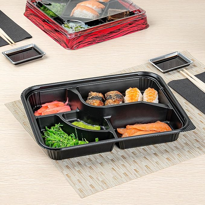 Restaurantware-Bento Tek 26.2 Ounce Meal Prep Containers, 50 Disposable To Go Food Boxes - Lids Sold Separately, 5 Compartments, Black Plastic Bento Lunch Boxes, Microwavable, Freezable - Image 3