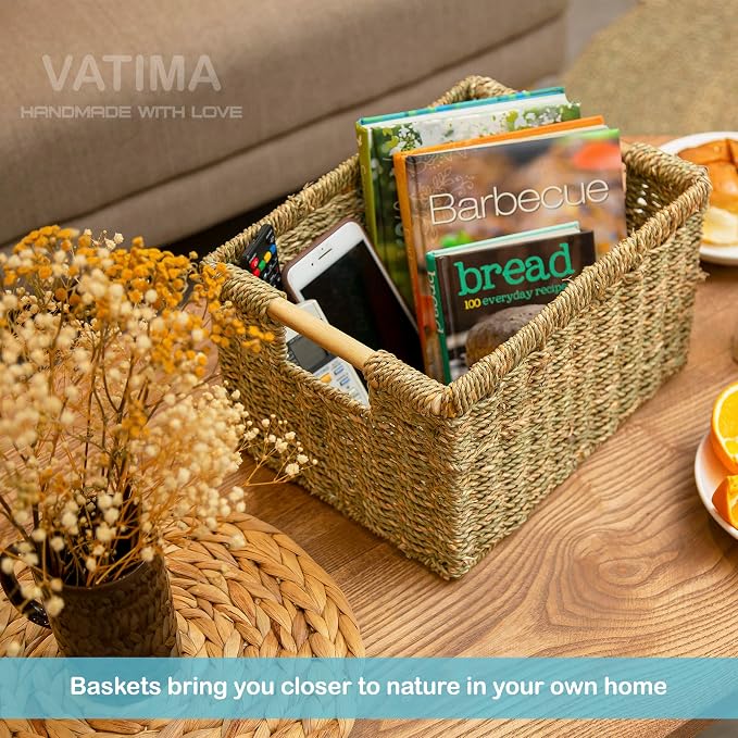 Natural Seagrass Basket with Wooden Handle, Medium Rectuangular Wicker Basket for Living Room 12.2 x 8.9 x 6.7 inches - 3 Pack - Image 9