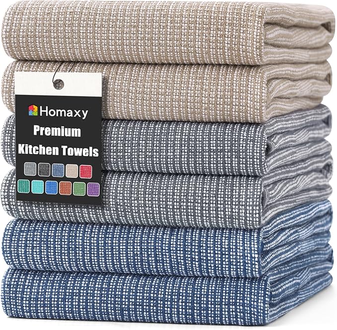 Homaxy 380 GSM Cotton Premium Kitchen Towels 6 Pack, 18"x 28", Multicolor | Flat and Terry Dish Towels, Highly Absorbent Tea Towel Set with Hanging Loop, Soft Utility Kitchen Hand Towels by Homaxy
