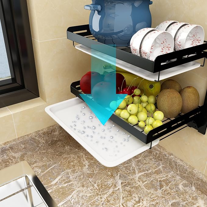 Wall Mounted Stainless Steel Dish Drying Rack Fruit Vegetable Storage Basket with Drainboard and Hanging Chopsticks Cage Knife Holder Kitchen Supplies Shelf Utensils Organizer (2-Tier) - Image 3