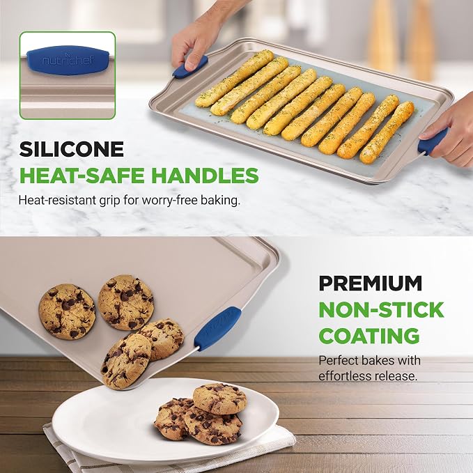 NutriChef Kitchen Oven Baking Pans - Deluxe Nonstick Gold Coating Inside & Outside Carbon Steel Bakeware Set With Blue Silicone Handles, Durable & Reliable Cookie Sheet Oven Pan Style - Image 6