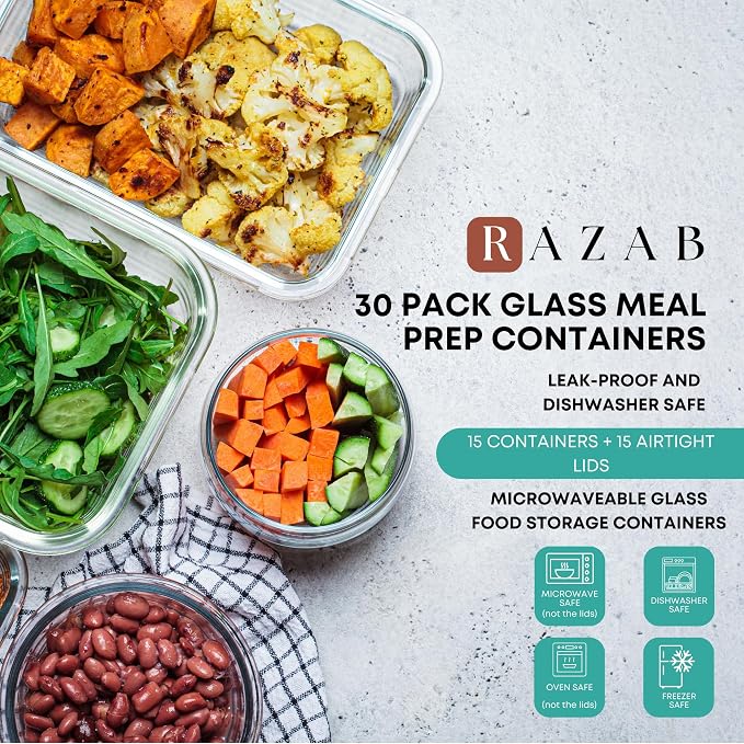 Razab 30 PC Glass Food Storage Containers with Lids - Reusable Glass Meal Prep Containers for Lunch and Leftovers - Airtight & Leakproof Snap Locking Lids - Oven, Freezer, Microwave, Dishwasher Safe - Image 8