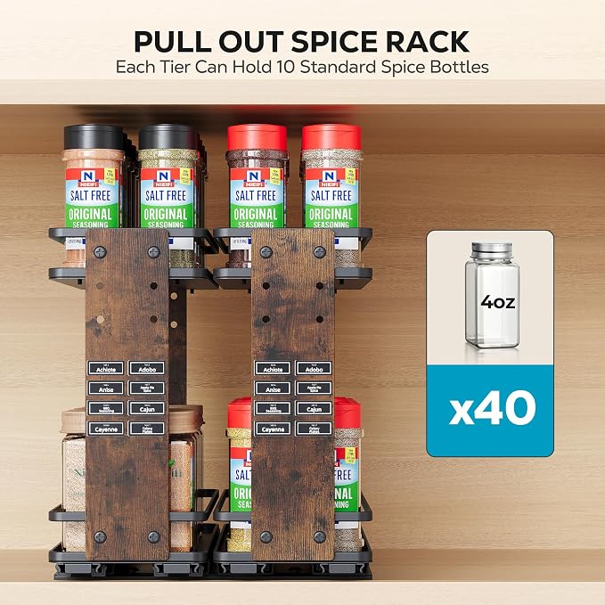 Nieifi Pull Out Spice Rack Organizer, 2 Tiers, Wood Grain | Spice Organization for Cabinet, Height Adjustable, Easy to Install - Image 7