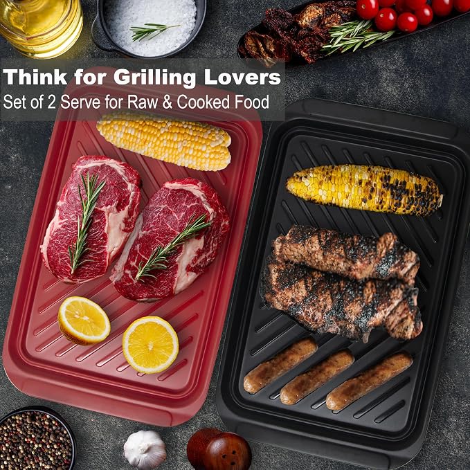 Czlizdyt Grilling Prep and Serving Tray, Dishwasher-Safe, 2-pcs Set | 17.2 x 10.5-in, shatter-resistant melamine BBQ tray for raw and cooked food, black & red, cleaning pack included - Image 2