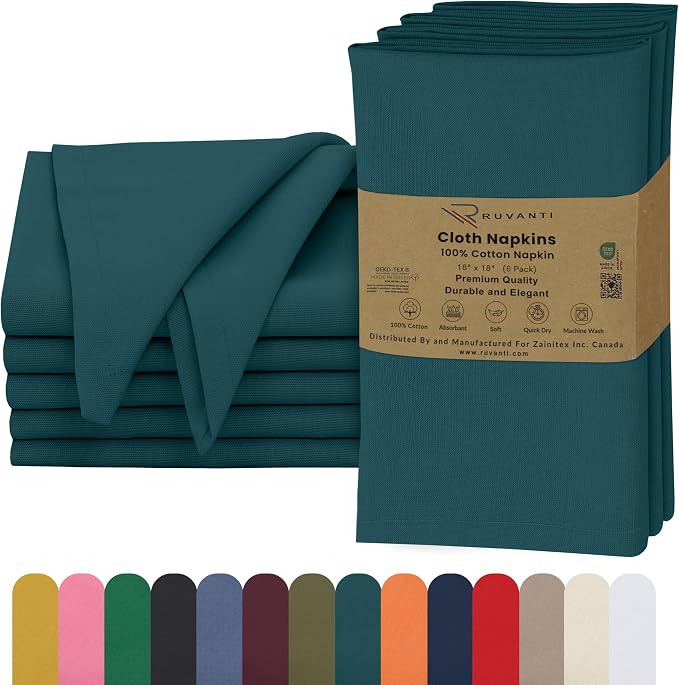 Ruvanti Cloth Napkins Set of 6, 18x18 Inches, 100% Cotton, Washable, Soft & Absorbent, Perfect for Wedding, Christmas, ‎Thanksgiving Dinners - Deep Teal by Ruvanti