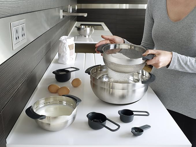 Joseph Joseph Nest 9 Plus, 9 Piece Compact Food Preparation Set with Mixing Bowls, Measuring Cups, Sieve and Colander, Stainless Steel - Image 2