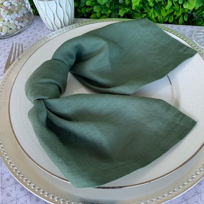 Linen Napkins –100% French Flax – Stonewashed Pure Linen Cloth Napkins - Size 18 Inch x 18 Inch – Set of 4 (Soft Rustic Green) - Image 2