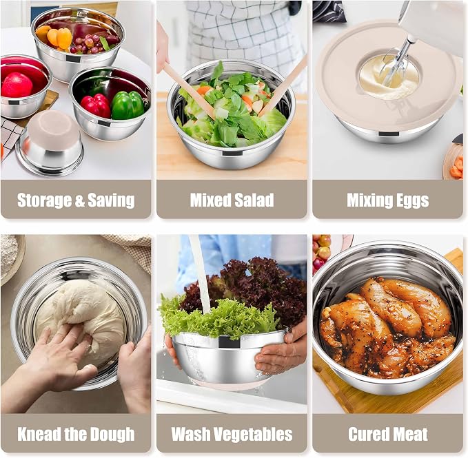 E-far Stainless Steel Mixing Bowls with Lids Set, 5-Piece Nesting Salad Bowls with 3 Grater Attachments and Non-Slip Bottoms, Size 4.6, 2.6, 2, 1.5, 1QT for Kitchen (Khaki) - Image 4