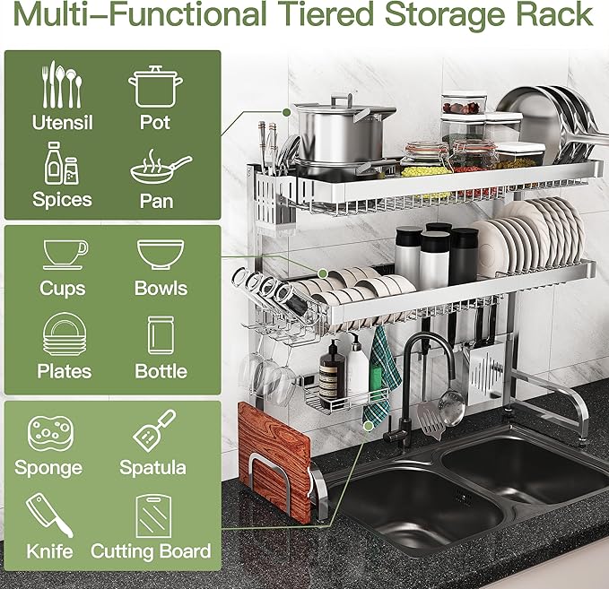 Over The Sink Dish Drying Rack, Extra Large Capacity Dish Drainer | 3 Tier Extra Large All Stainless Steel Expandable Plate Strainers, Rustproof Metal, Counter Space Saving, Modern Silver - Image 5