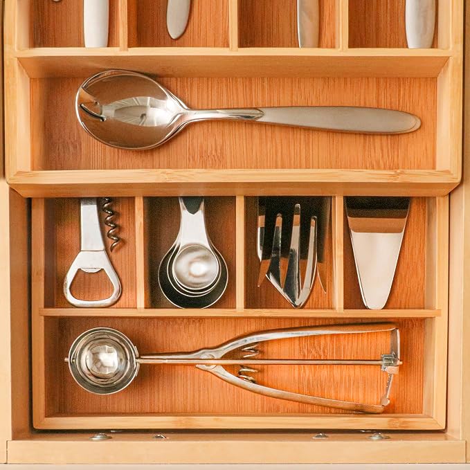 Berghoff Bamboo Flatware Organizer, Set of 2, 5 Slot Silverware Tray | Kitchen Drawer Utensil Cutlery Holder, Drawer Divider & Storage Organizer, Eco Friendly Wood Insert, 14 x 10 Inches, Natural - Image 3