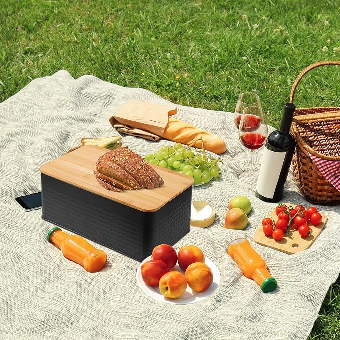 Bread Bin, Metal Bread Box with Bamboo Lid Usable as Cutting Board, Bread Storage Container Holder for Kitchen Countertop, 13 x 7 x 5.3 inch (Black) - Image 6