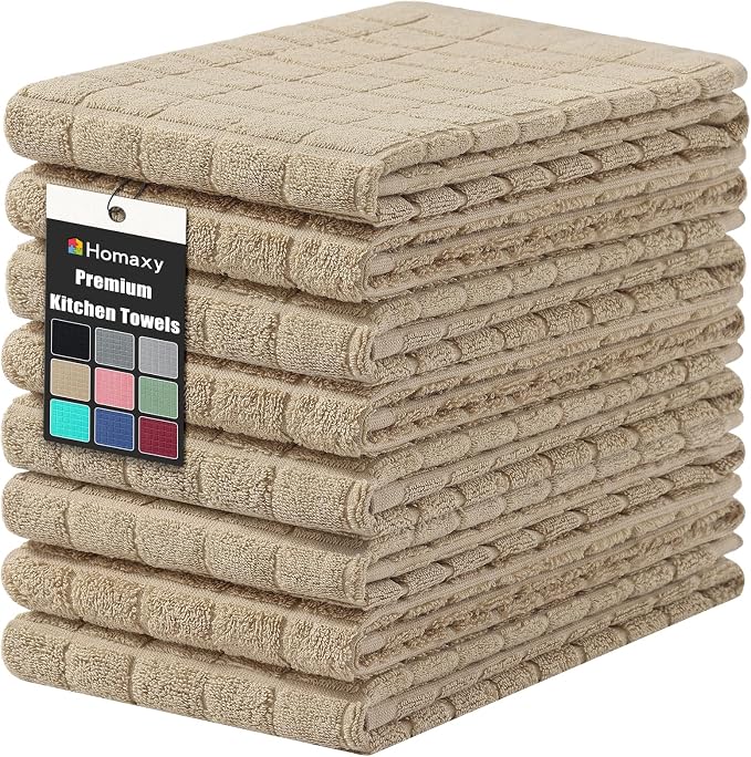 Homaxy Premium Ring Spun Cotton 390 GSM Kitchen Towels, 6 Pack, Tan | 16" x 28" Large Dish Towels, Super Absorbent Terry Hand Towels, Soft Tea Towels with Hanging Loops by Homaxy