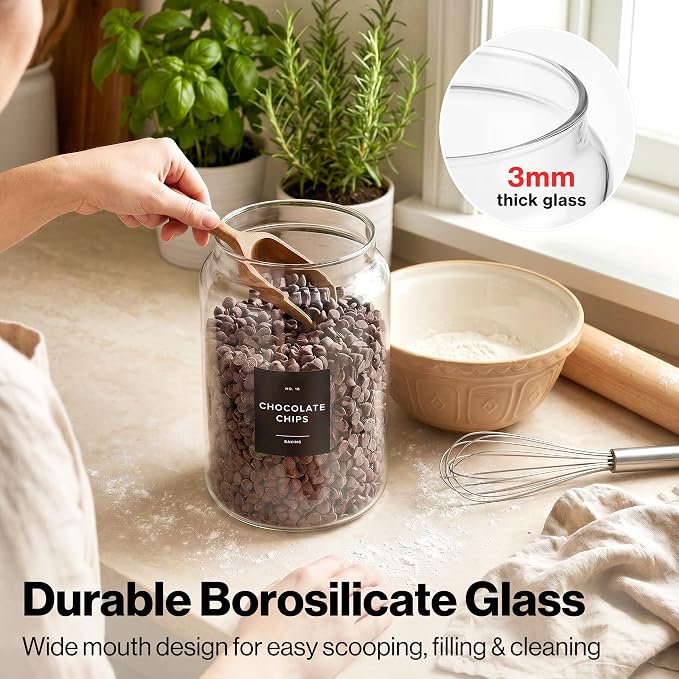 2x Large Glass Storage Containers with Airtight Black Lids [135oz/4000ml] | Extra Thick Glass Canisters for Pantry + 63 Labels | Flour Rice Cereal Sugar Coffee Beans Tea - Image 3