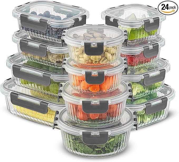 JoyJolt 24pc Borosilicate Glass Storage Containers with Lids | 12 Airtight/Freezer Safe Food Storage Containers for Pantry and Kitchen | Meal Prep Container for Lunch | Glass Tupperware Set by JoyJolt