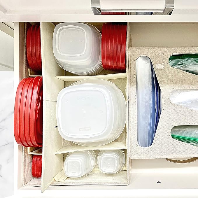 Food Storage Container Organizer 2pc - Lid Organizer Box - Adjustable Kitchen Organizing Box - Compatible with Tupperware Glad Rubbermaid Ziploc Containers - Drawers and Cabinet Organization (2) - Image 7