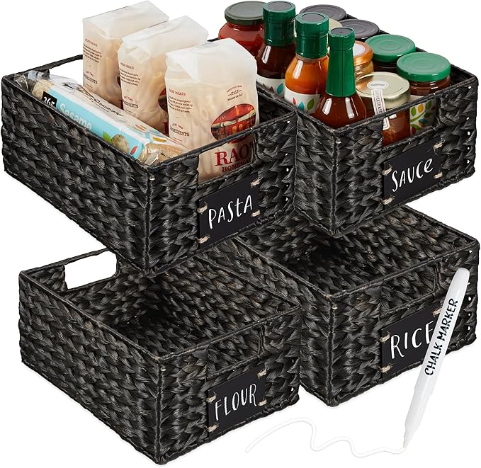 Best Choice Products Set of 4 9x12in Water Hyacinth Pantry Baskets, Woven Organizers w/Chalkboard Label, Chalk Marker - Black by Unknown