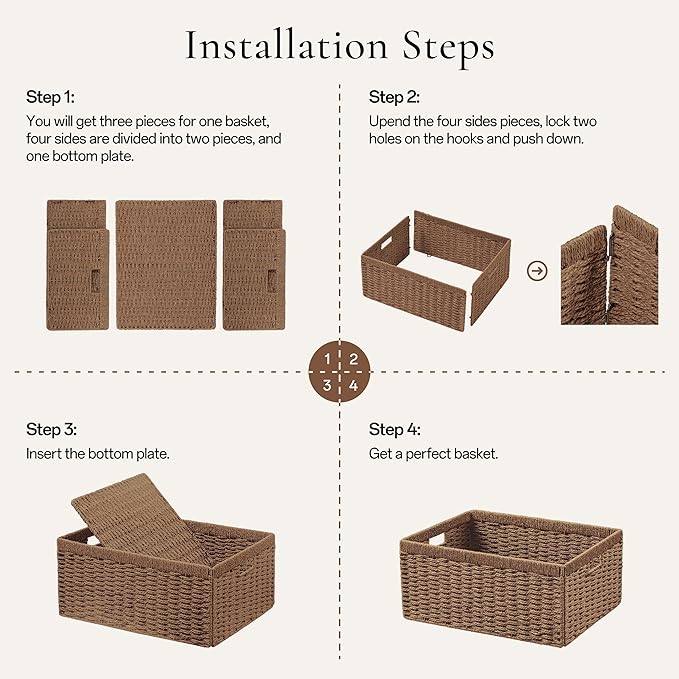 UBBCARE 4 Pack Wicker Basket, 13.4L×8.3H×7.1W inch Woven Paper Rope Storage Baskets for Shelves, Foldable Rectangular Storage Baskets with Handle, Storage Basket for Organizing, Caramel - Image 5