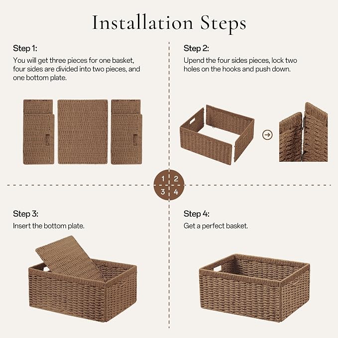 UBBCARE 4 Pack Wicker Basket, 13.4L×8.3H×7.1W inch Woven Paper Rope Storage Baskets for Shelves, Foldable Rectangular Storage Baskets with Handle, Storage Basket for Organizing, Caramel - Image 5