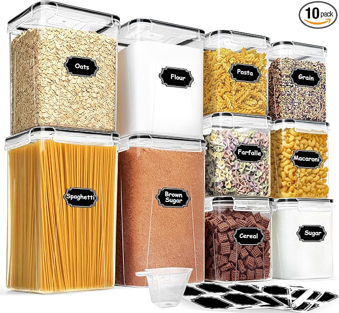 Flour Sugar Storage Containers, 10 Pack Large Airtight Food Storage Containers with Lids for Kitchen Pantry Organization and Storage, BPA Free Plastic Canisters Sets for Cereal, Rice and Baking by HKJ+Chef