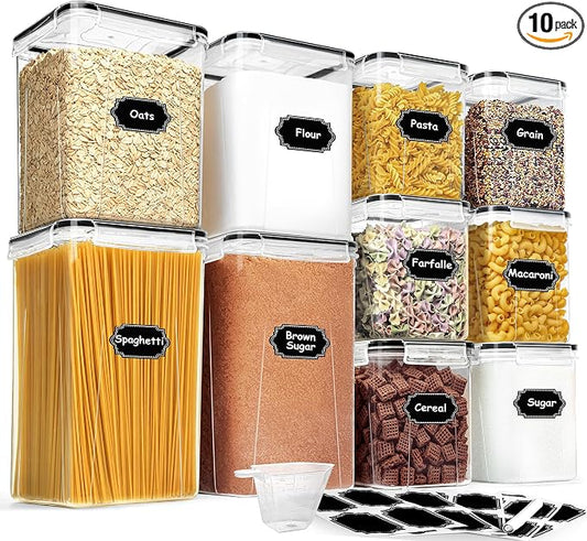 Flour Sugar Storage Containers, 10 Pack Large Airtight Food Storage Containers with Lids for Kitchen Pantry Organization and Storage, BPA Free Plastic Canisters Sets for Cereal, Rice and Baking by HKJ+Chef