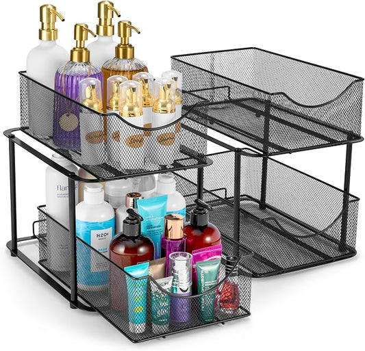 Sorbus 2 Sets of 2 Tier Metal Under Sink Organizer for Bathroom, Kitchen, Strong Steel Mesh Sliding Drawers for Under Sink, Under Cabinet, Closet, Kitchen, Pantry, Bathroom Organizers and Storage by Sorbus
