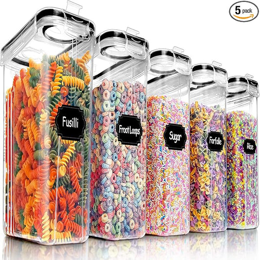 PRAKI 5PCS Cereal Containers Storage Set, BPA Free Airtight Food Storage Container Set with Lids, Kitchen Pantry Organization and Storage for Sugar, Baking Supplies with 20 Labels & Mark(4L Black) by PRAKI