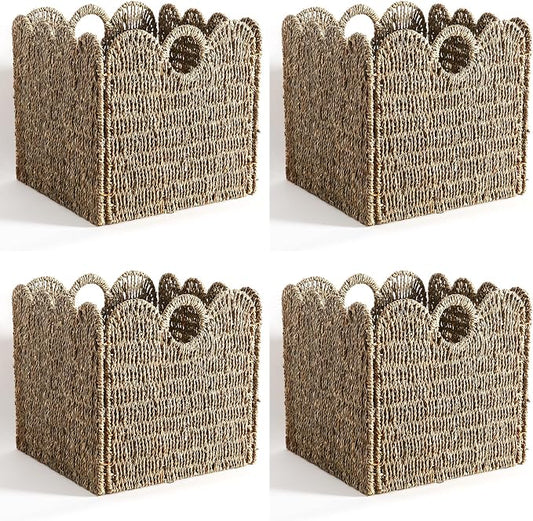 Scalloped Wicker Storage Cubes Basket, 12”x12“ Heavy Duty Paper rope/Hyacinth/Seagrass Baskets for Shelves, Foldable Natural Boho Square Bins (Seagrass&12 x 12 x 12in&4-Pack) by Unknown