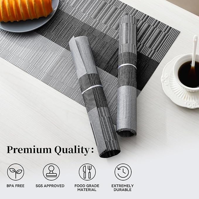 Leetaltree Grey with White Striped Placemats Set of 12 - Heat Resistant Non-Slip Place mats for Dining Table, Washable Durable PVC Vinyl Woven Table Mats（Grey Stripe, 12） - Image 2