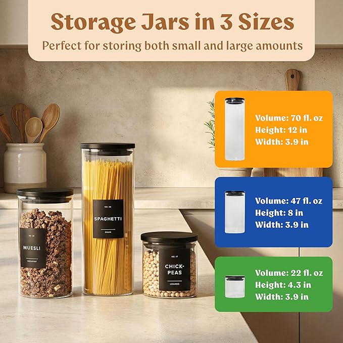 Glass Storage Containers with Black Lids [Extra Thick Glas] with 54 Labels - Canister For Pantry Noodles Flour Cereal Rice Sugar Tea Coffee Beans - Round Set of 5x - Image 2