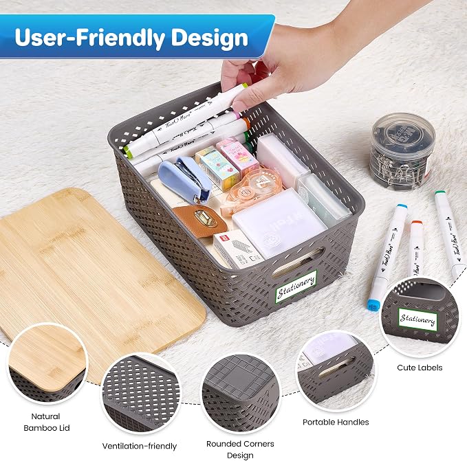 Anysig 8 Pack Plastic Storage Bins with Bamboo Lids, 5.2 QT Stackable Bins | Decorative Small Storage Basket Containers for Organizing Shelves Office Classroom Desktop Closet, Grey - Image 3